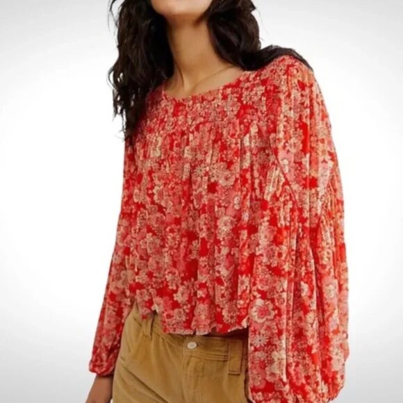 Free People Up For Anything Top Red Mesh Floral Smocked Statement Sleeve Size M - Picture 10 of 10